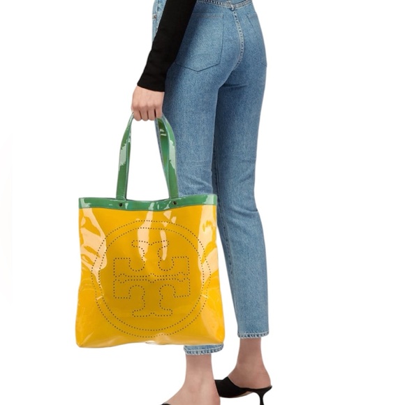 Vintage Y2K Tory Burch Logo Yellow/Teal Patent Leather Large Tote - Picture 1 of 14